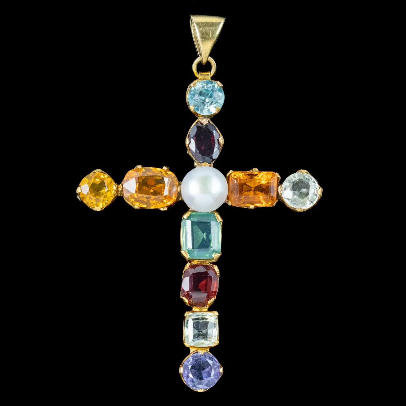 Antique Victorian Harlequin Gemstone Cross Pendant 18ct Gold