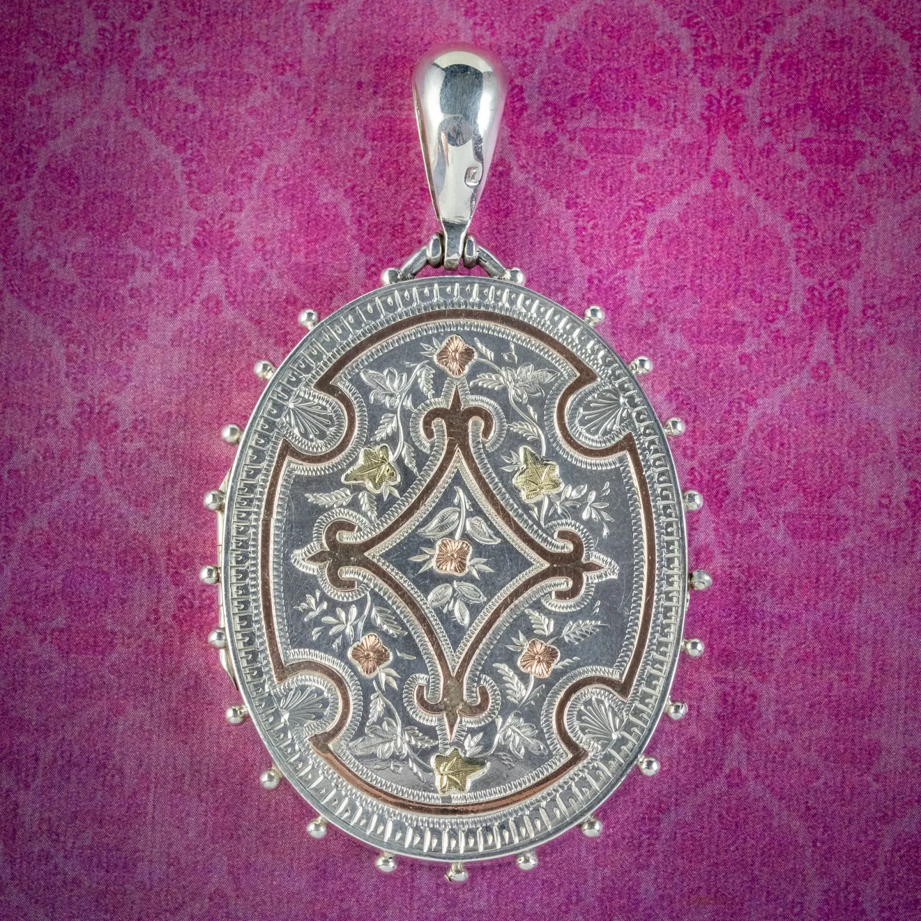 Antique Victorian Locket Sterling Silver Gold Forgets Me Nots And Ivy Circa 1880