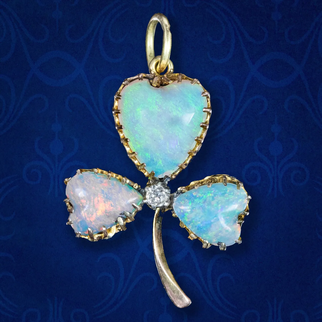 Antique Victorian Opal Diamond Shamrock Pendant 15ct Gold