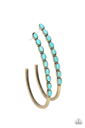 Artisan Soul - Brass - Oval Turquoise Stone J-Shape Paparazzi Hoop Earrings