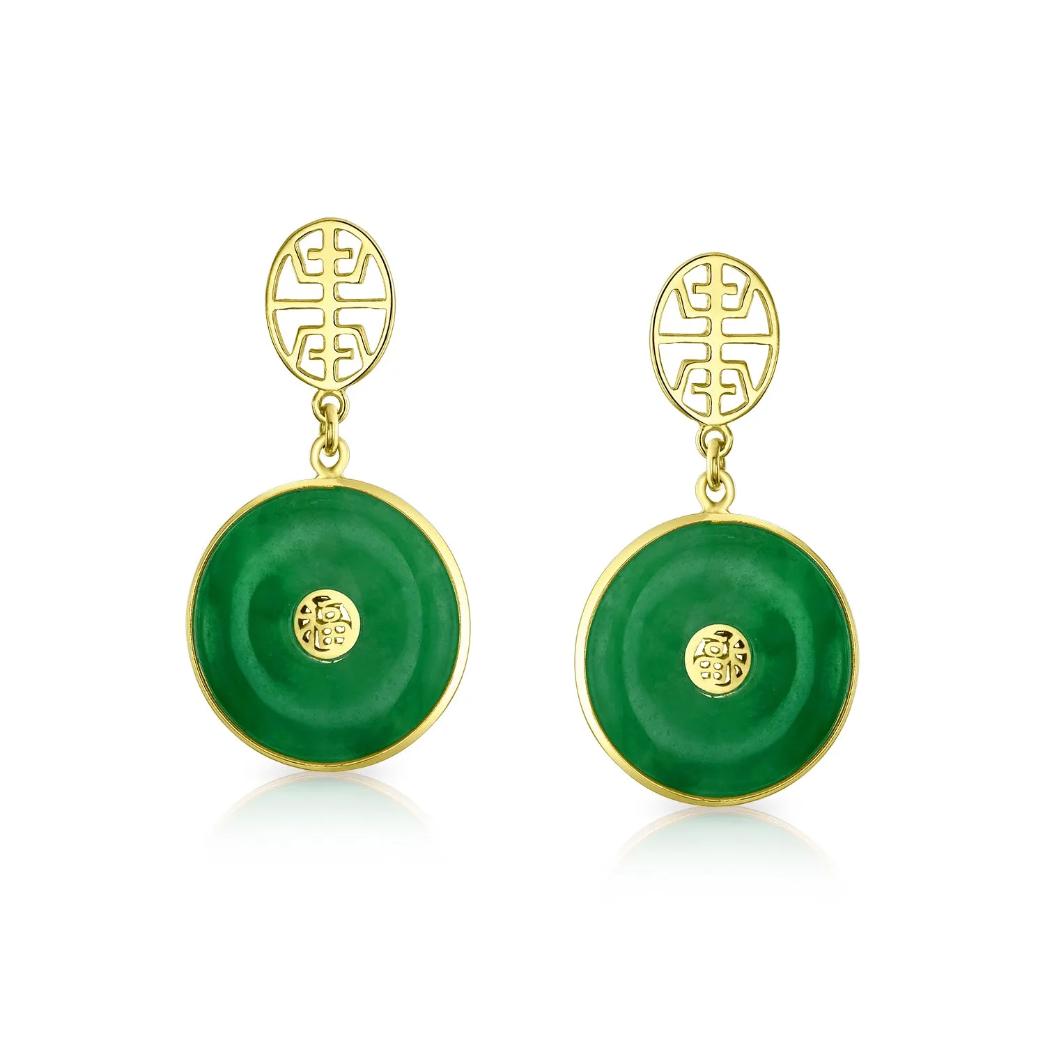 Asian Style Green Jade Dangle Gemstone Earrings 14K Gold Plated Sterling Silver