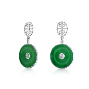 Asian Style Green Jade Dangle Gemstone Earrings 14K Gold Plated Sterling Silver