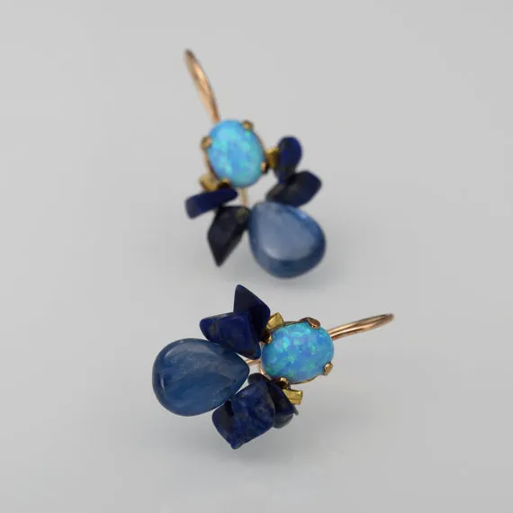 Bee Earrings with Lab Opal and Lapis in Copper