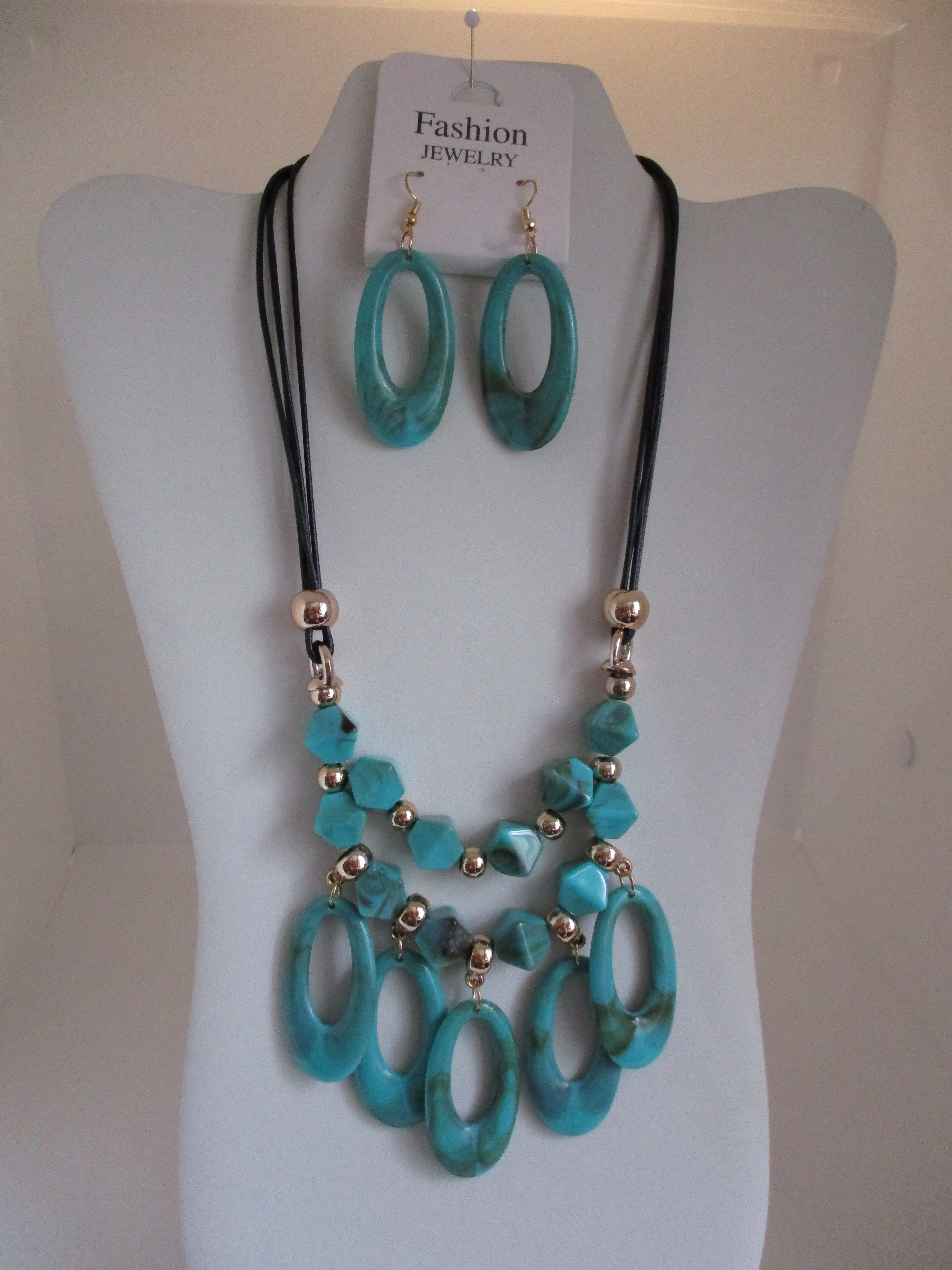 Black Cord Gold Beads Turquoise Beads Necklace Earrings Set (NE447)