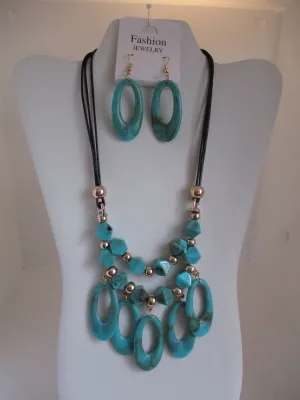 Black Cord Gold Beads Turquoise Beads Necklace Earrings Set (NE447)