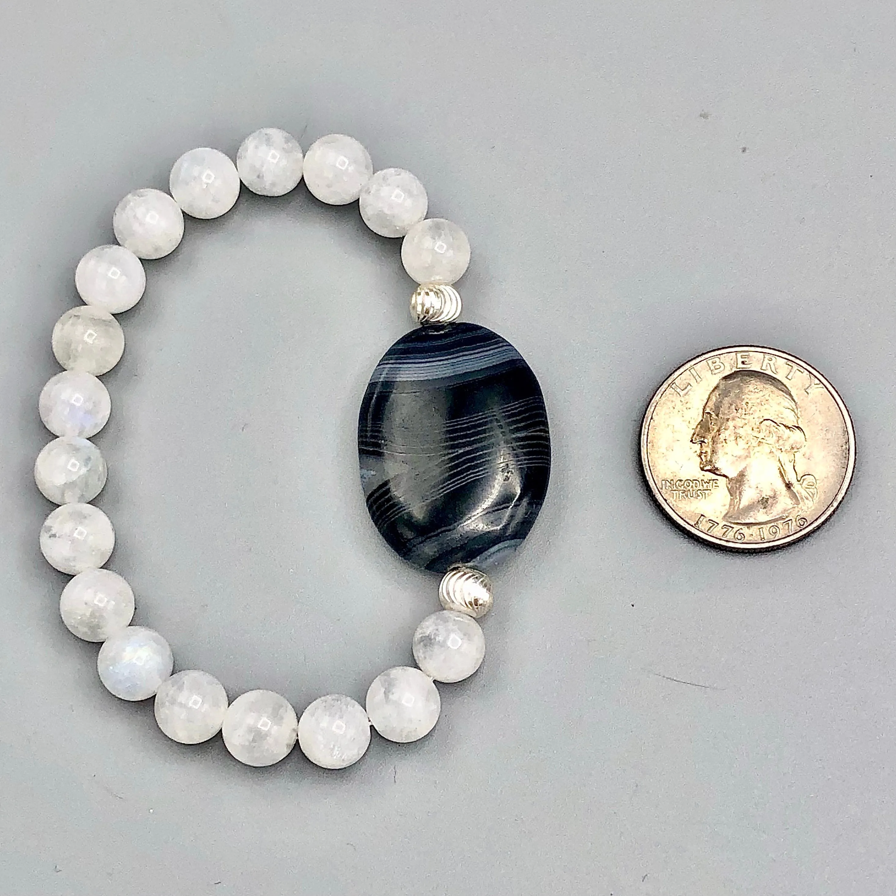 Black Striped Agate, Sterling Silver, and Moonstones Women’s Stretch Bracelet