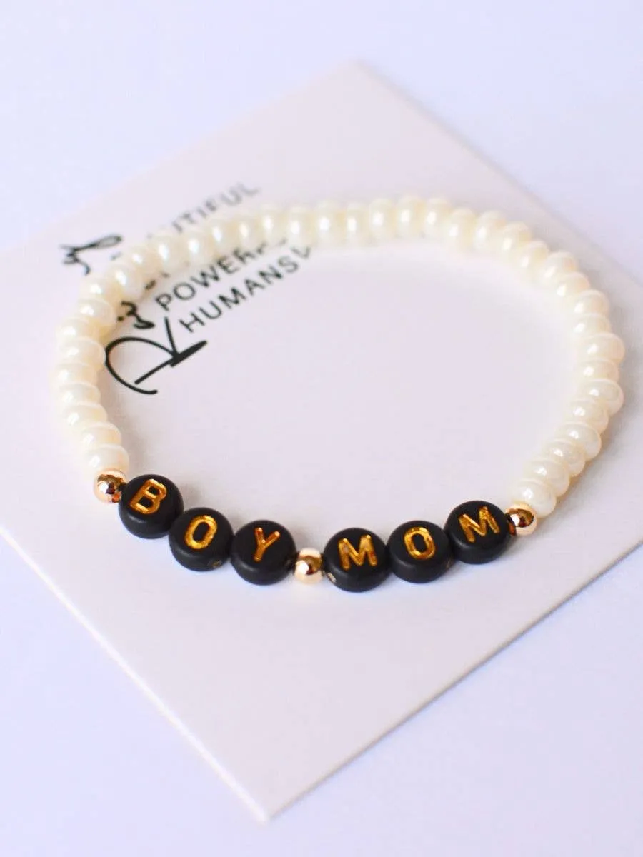 Boy Mom Beaded Stretch Bracelet - Black and Gold