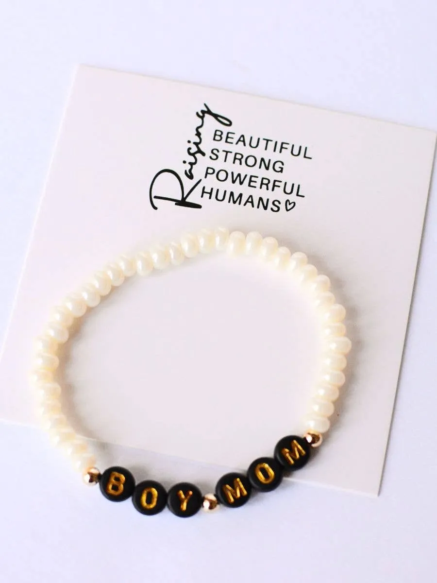 Boy Mom Beaded Stretch Bracelet - Black and Gold