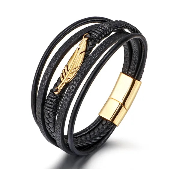 Braided Leather Magnetic Feather Bracelet (Circumference 21.5cm) 編織皮革磁扣羽毛手鍊 (鍊長 21.5cm) KJBR16144