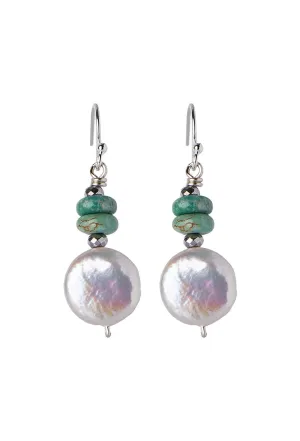 Breathe Deep Designs Button Pearl Earrings with Turquoise Earrings