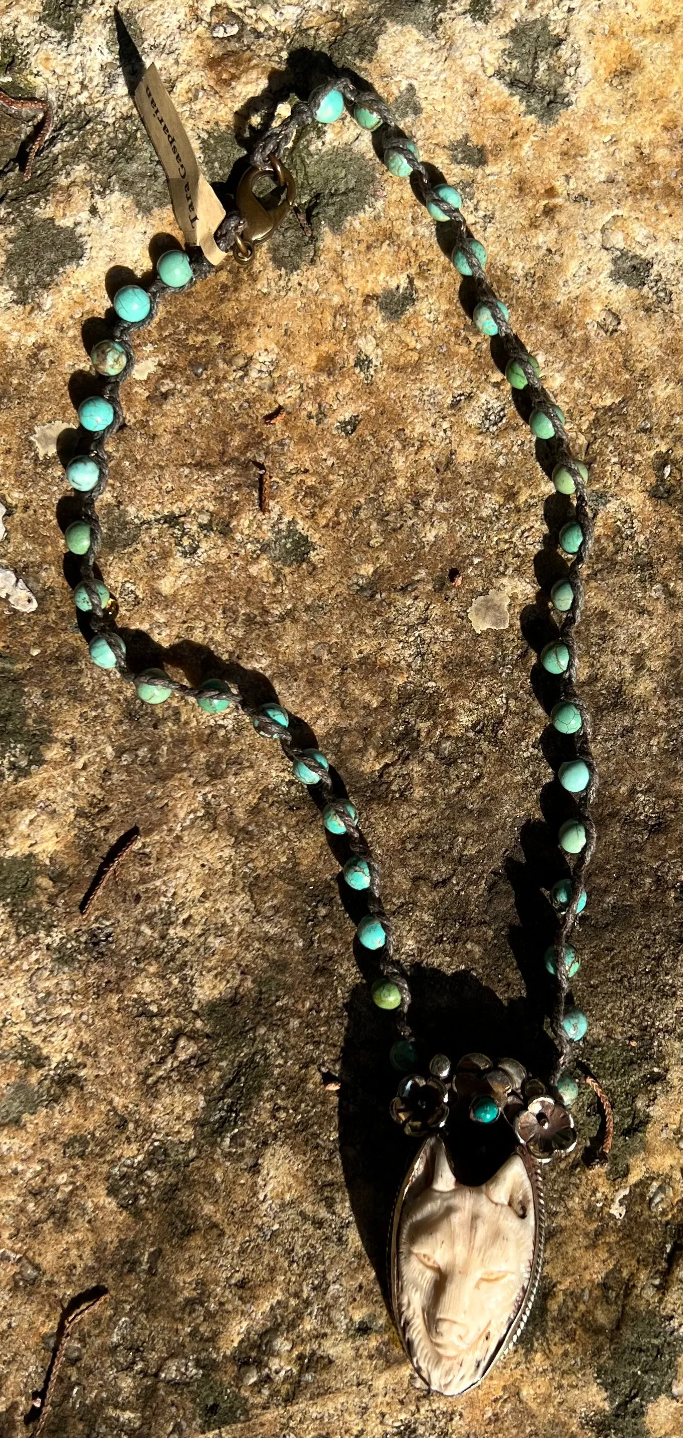 Carved Bone Wolf Necklace in Ornate Silver Casing and Turquoise Beaded Chain