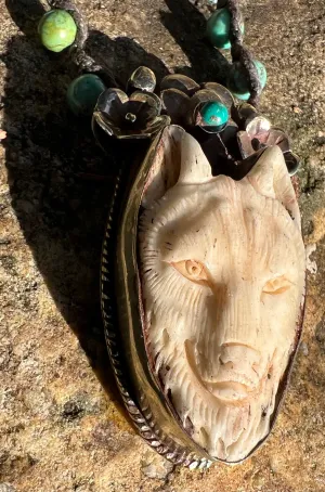 Carved Bone Wolf Necklace in Ornate Silver Casing and Turquoise Beaded Chain