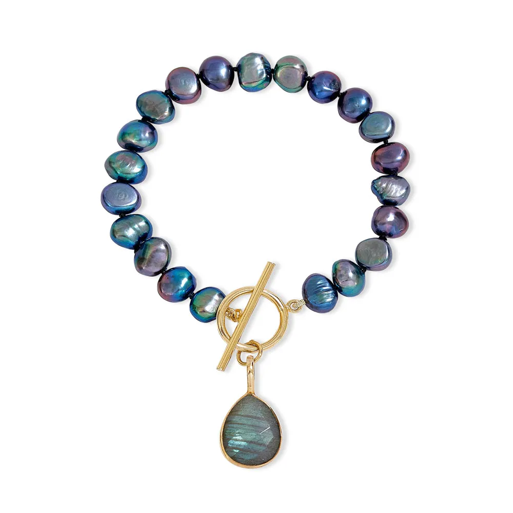 Clara black cultured freshwater pearl bracelet with a labradorite drop pendant