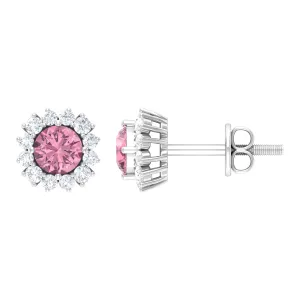 Classic Pink Tourmaline Stud Earrings with Diamond Halo