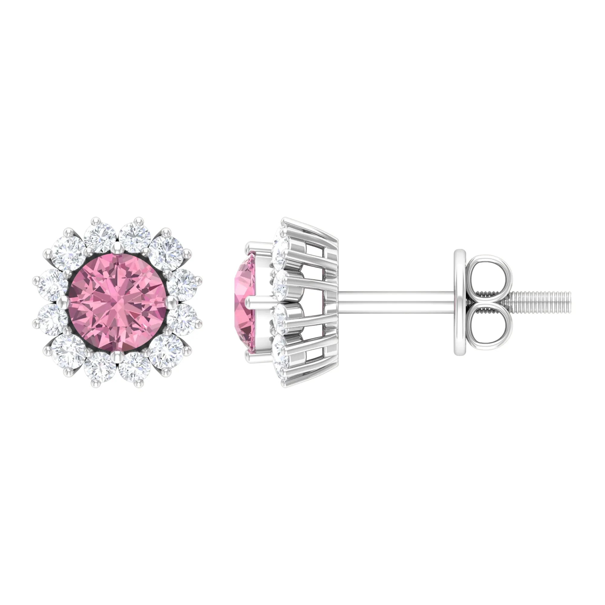 Classic Pink Tourmaline Stud Earrings with Diamond Halo