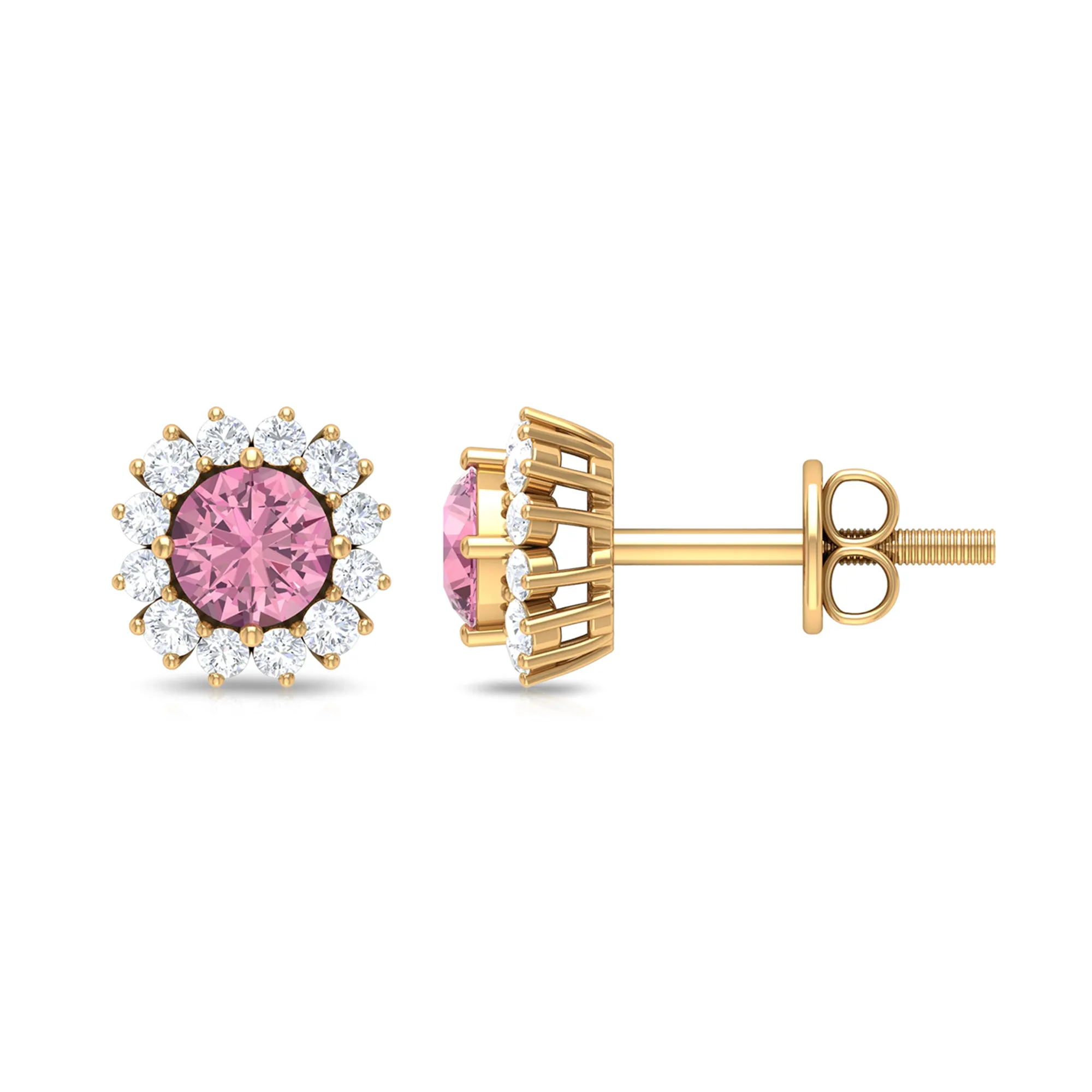 Classic Pink Tourmaline Stud Earrings with Diamond Halo