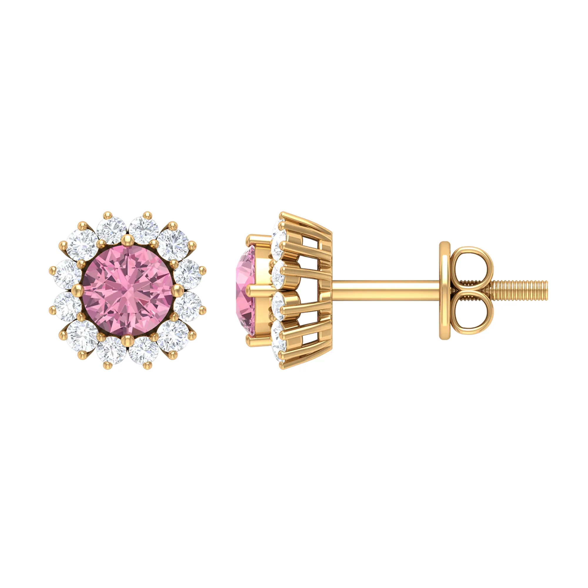 Classic Pink Tourmaline Stud Earrings with Diamond Halo