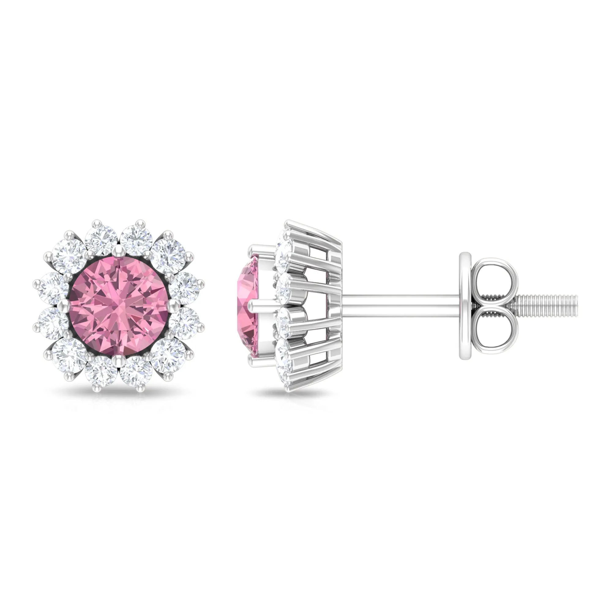 Classic Pink Tourmaline Stud Earrings with Diamond Halo