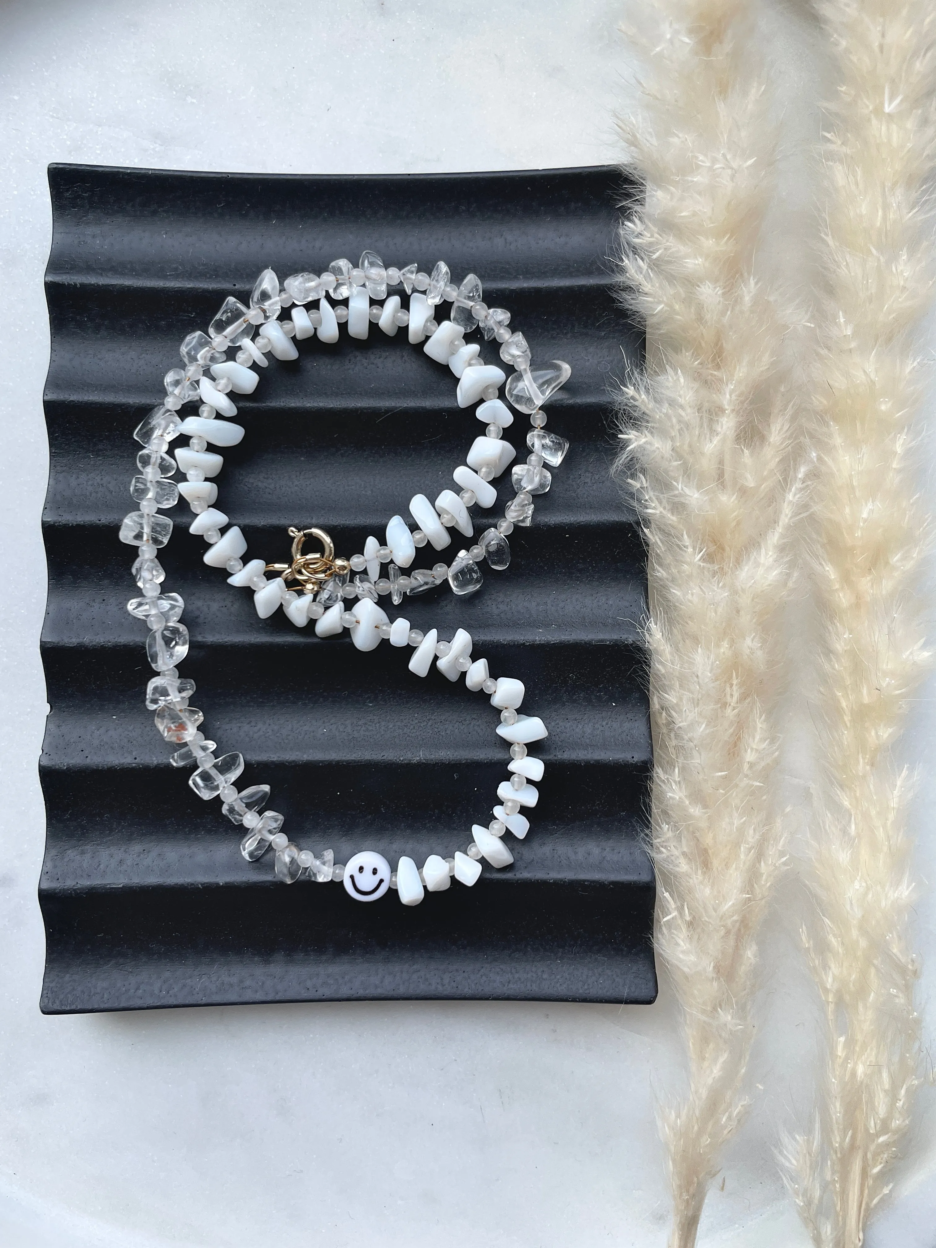 Clear Quartz & White Agate smiley choker