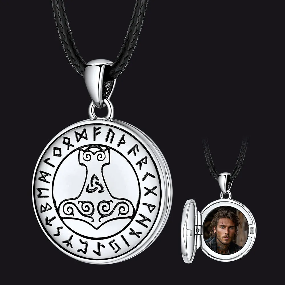 Customized Viking Thor's Hammer Photo Locket Necklace with Runes for Men