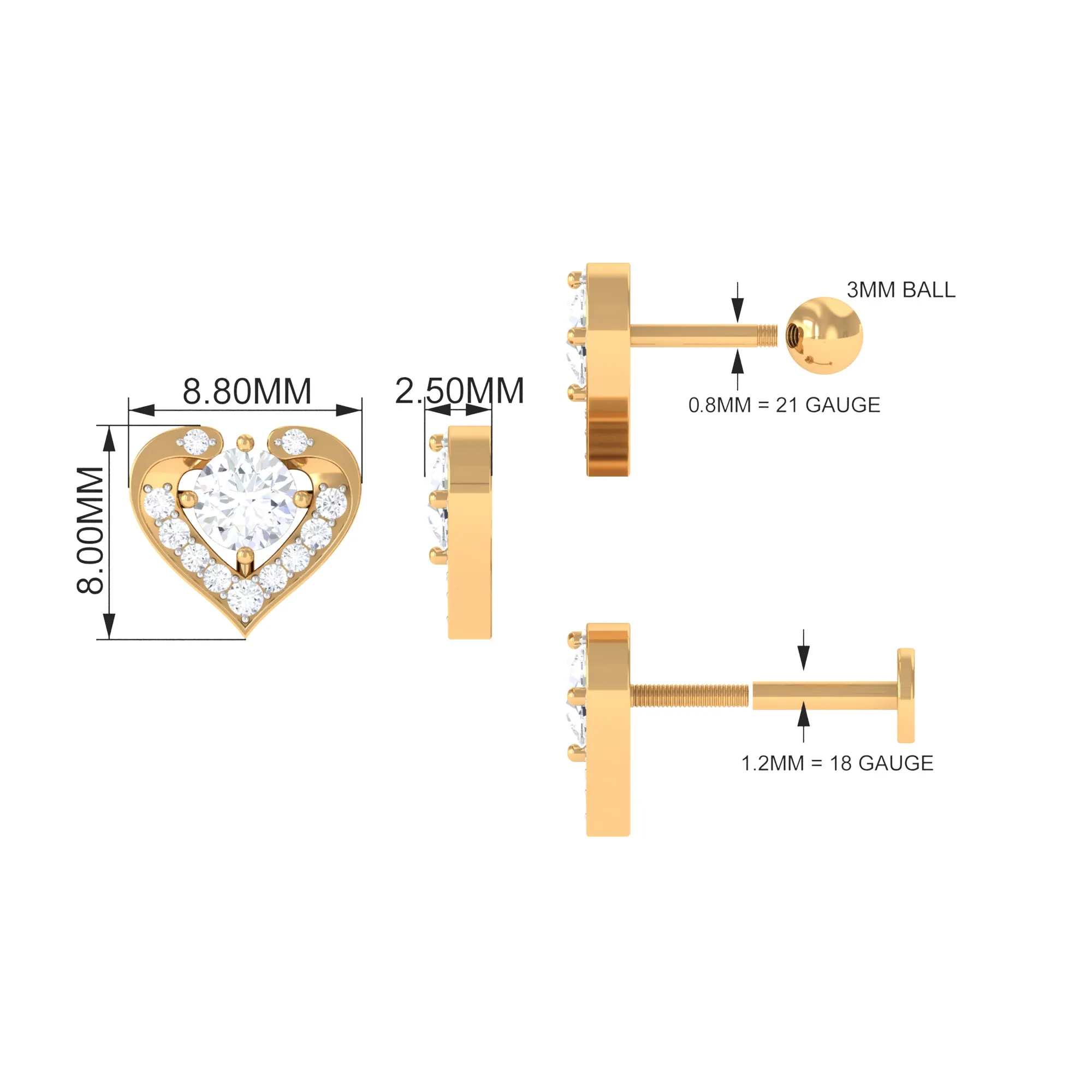 Cute Moissanite Heart Shape Cartilage Earring