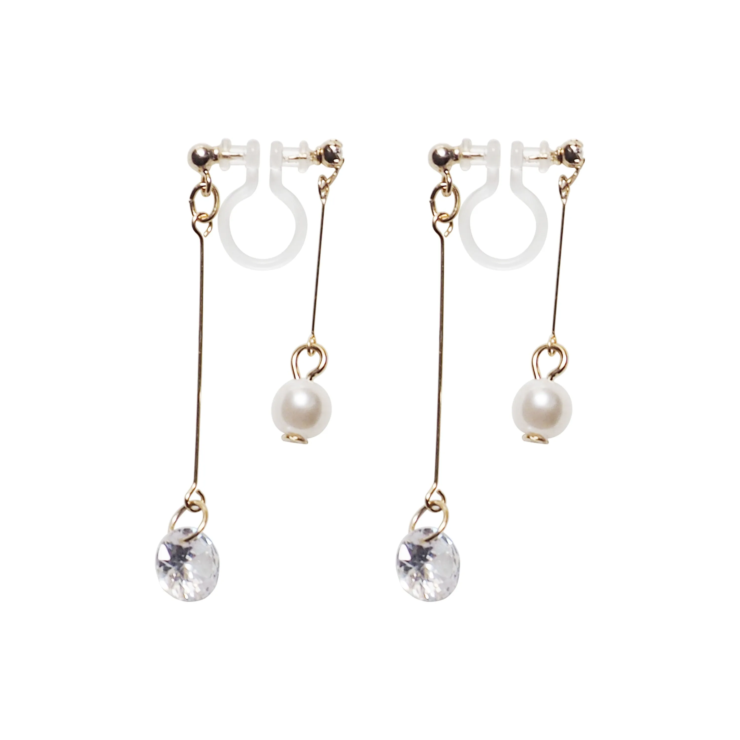 Dangle Gold Double Sided Cubic Zirconia & Pearl Invisible Clip On Earrings