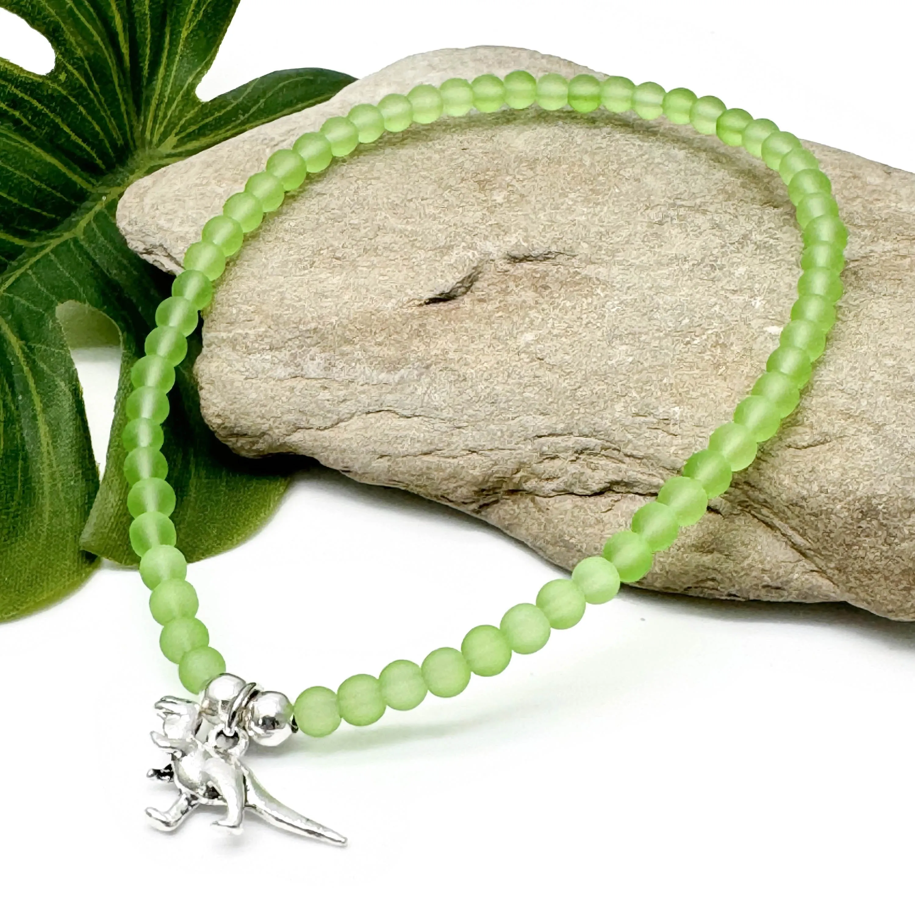 Dinosaur Charm Frosted Bead Anklet - Colour Choice