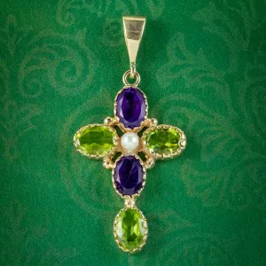 Edwardian Suffragette Style Amethyst Peridot Pearl Cross Pendant 9ct Gold