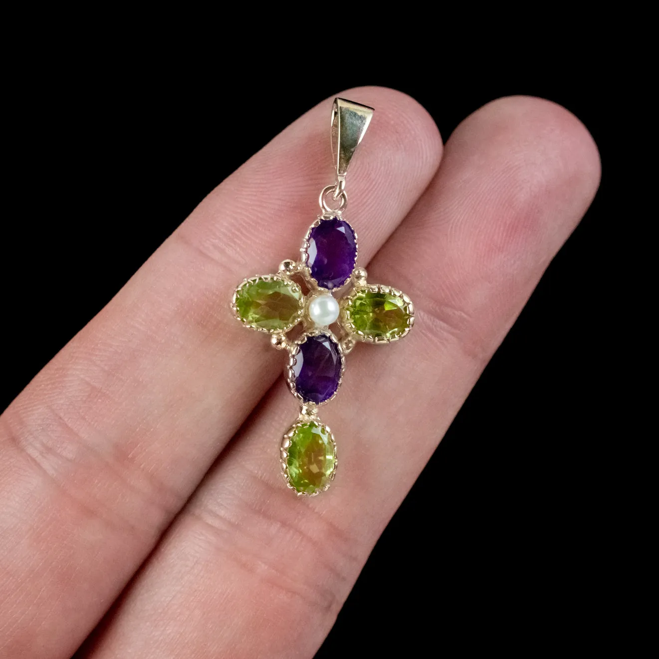 Edwardian Suffragette Style Amethyst Peridot Pearl Cross Pendant 9ct Gold