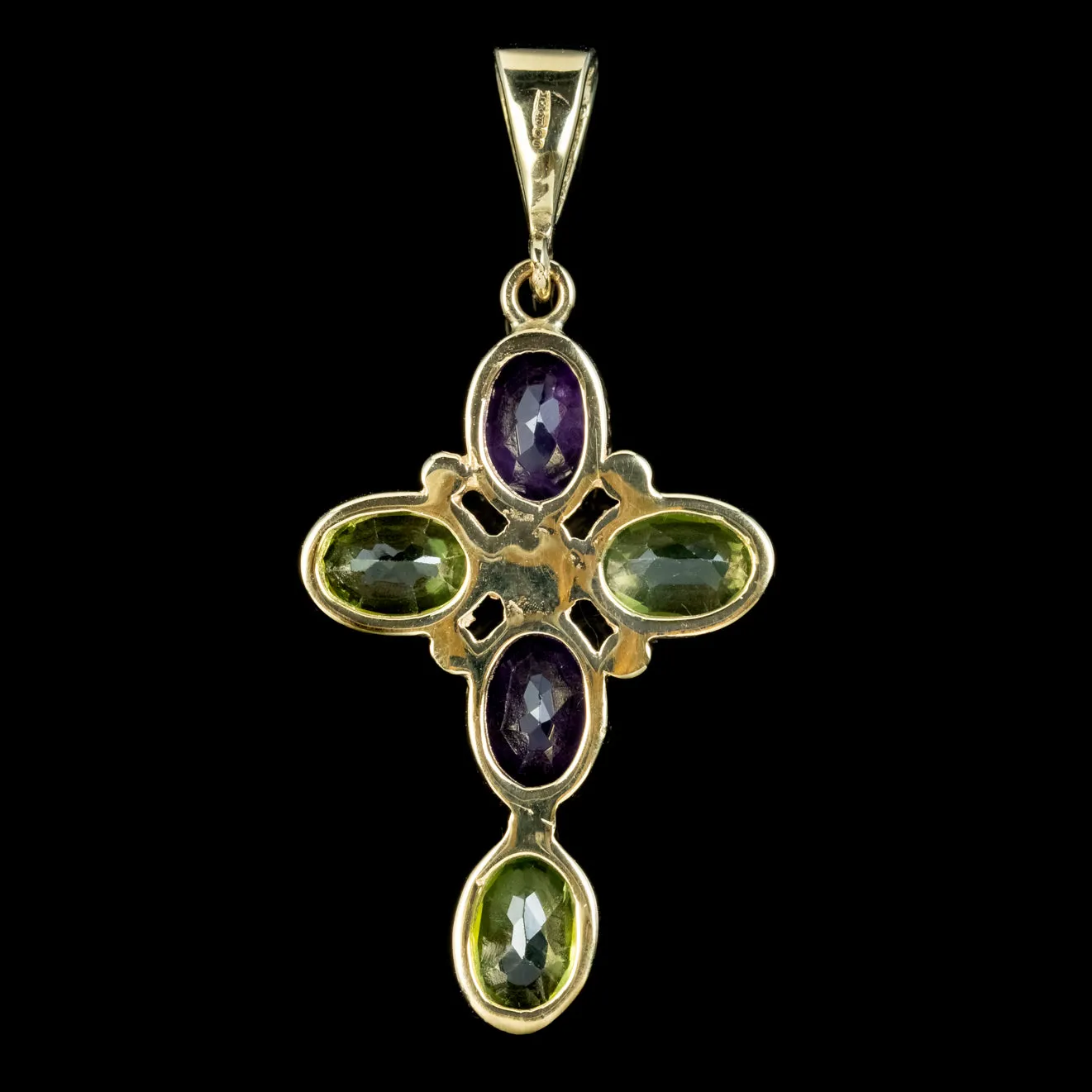 Edwardian Suffragette Style Amethyst Peridot Pearl Cross Pendant 9ct Gold