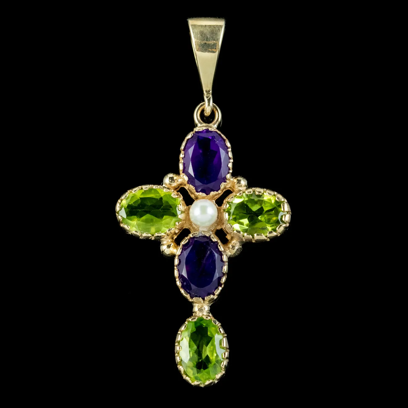 Edwardian Suffragette Style Amethyst Peridot Pearl Cross Pendant 9ct Gold