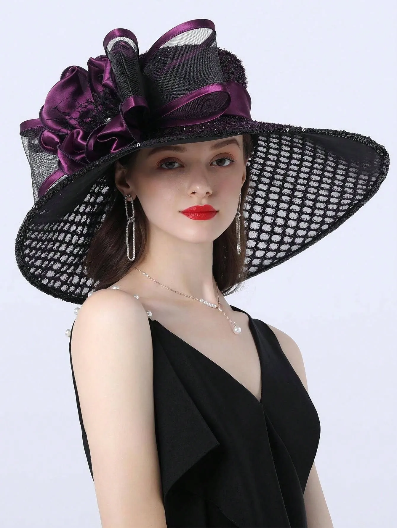 Elegant Kentucky Derby Large Wide Brim Flower Hat