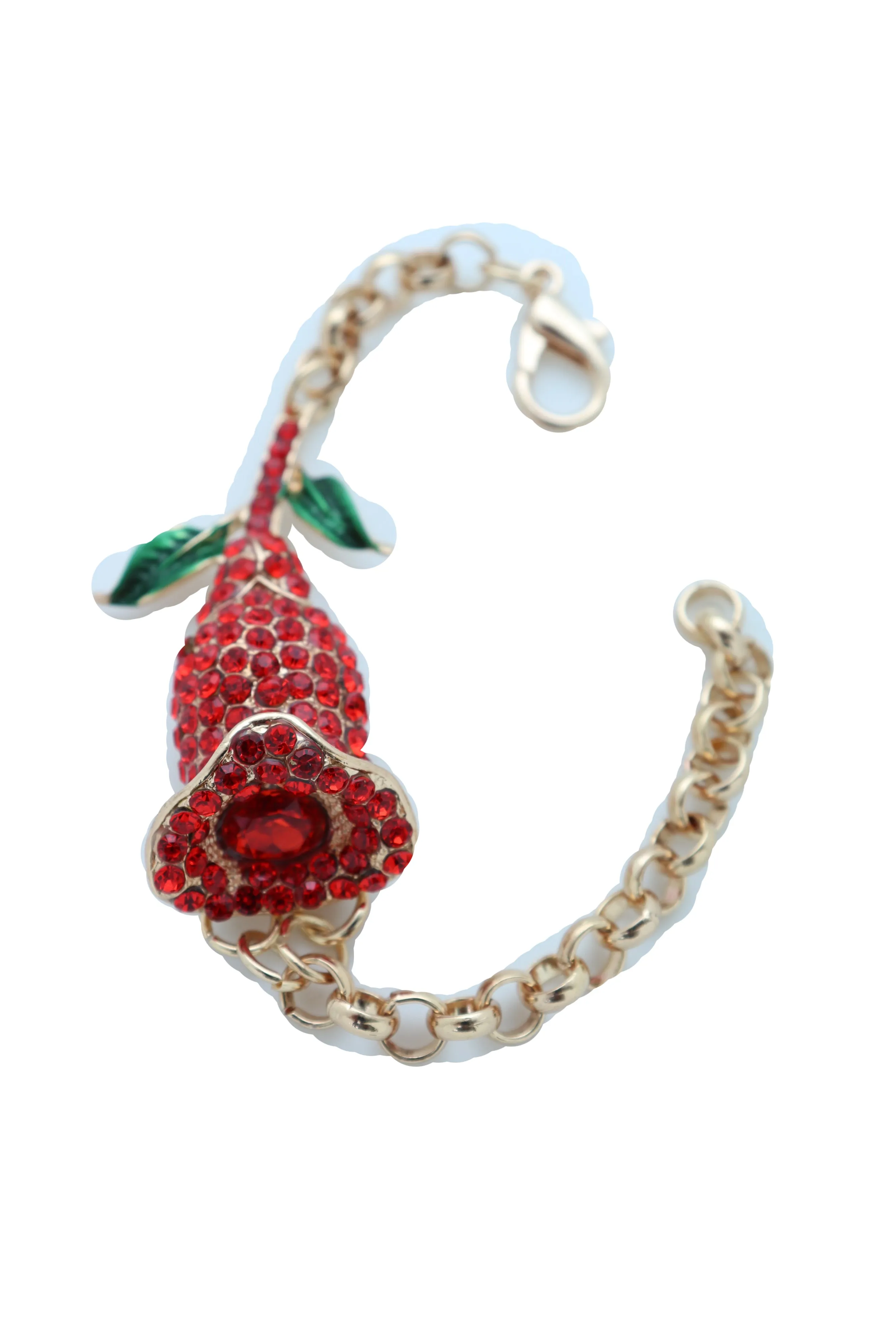 Fancy Bracelet Fashion Gold Metal Chain Elegant Evening Red Flower Charm