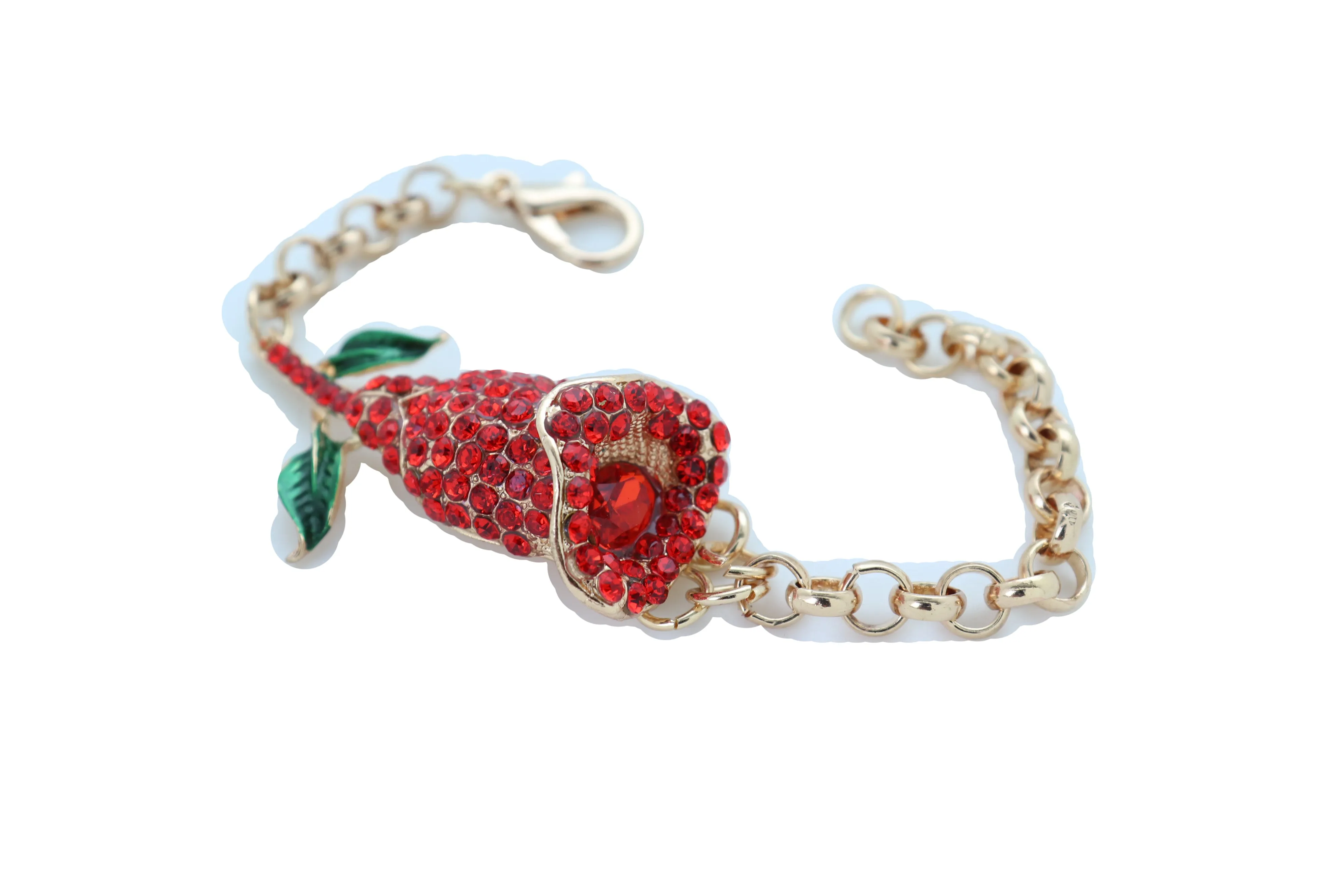 Fancy Bracelet Fashion Gold Metal Chain Elegant Evening Red Flower Charm