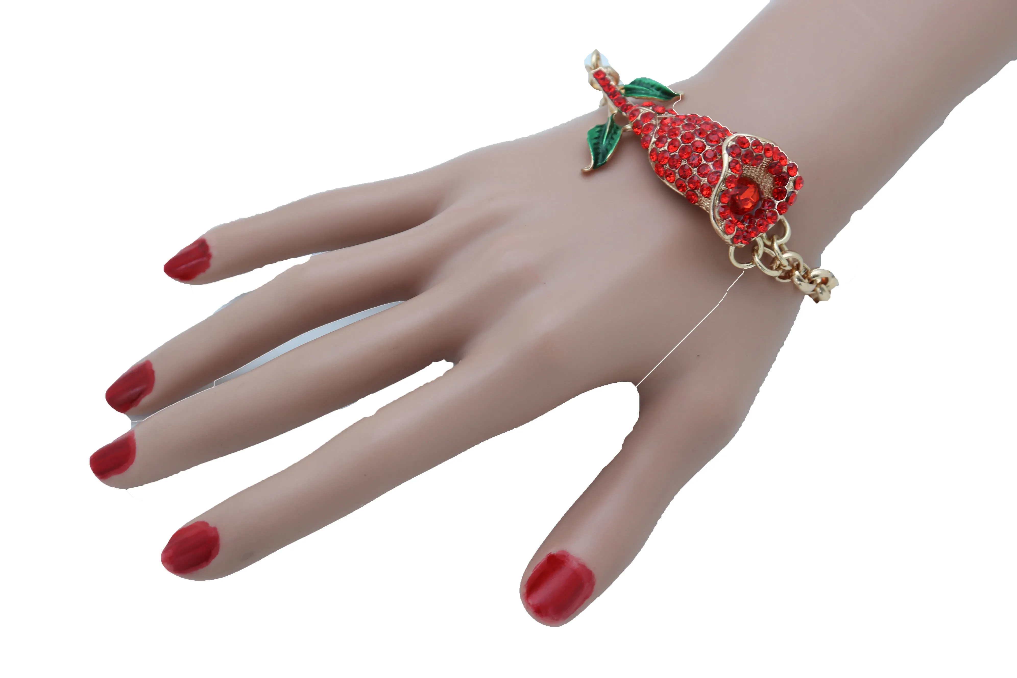 Fancy Bracelet Fashion Gold Metal Chain Elegant Evening Red Flower Charm