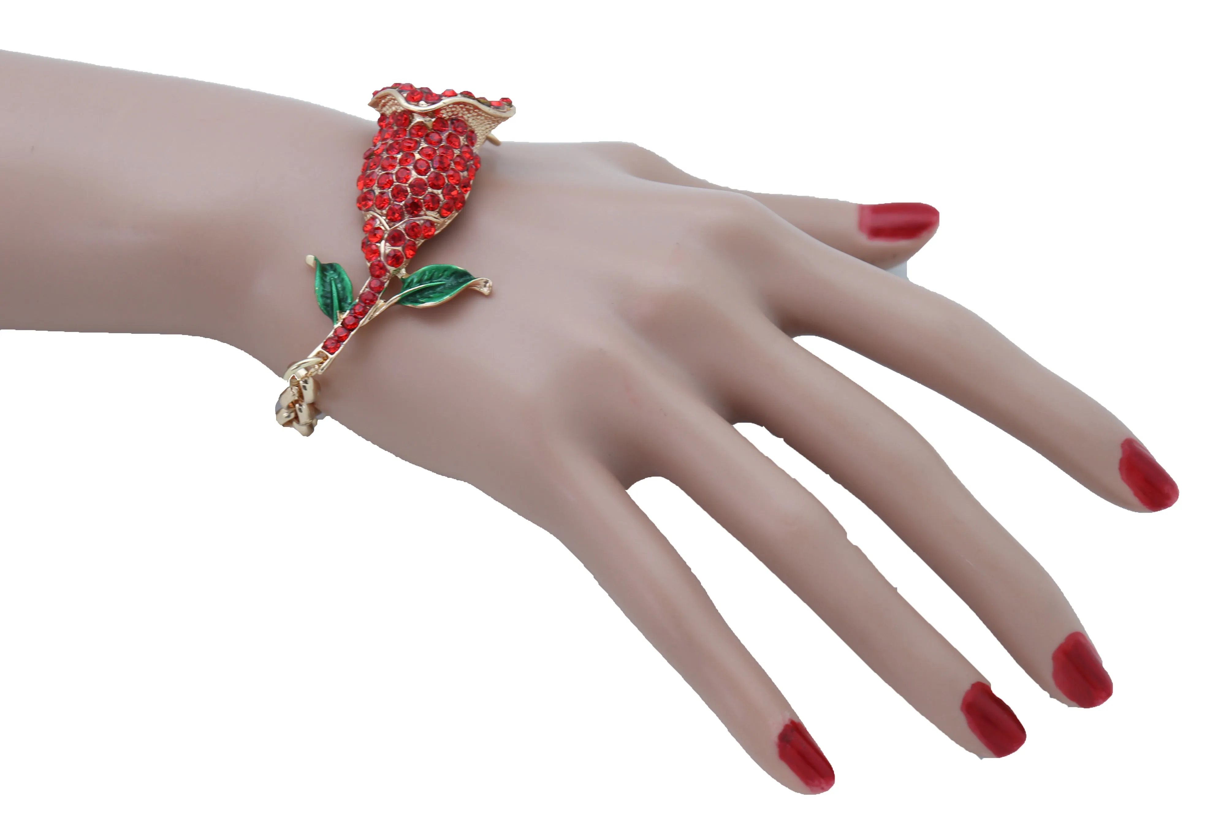 Fancy Bracelet Fashion Gold Metal Chain Elegant Evening Red Flower Charm