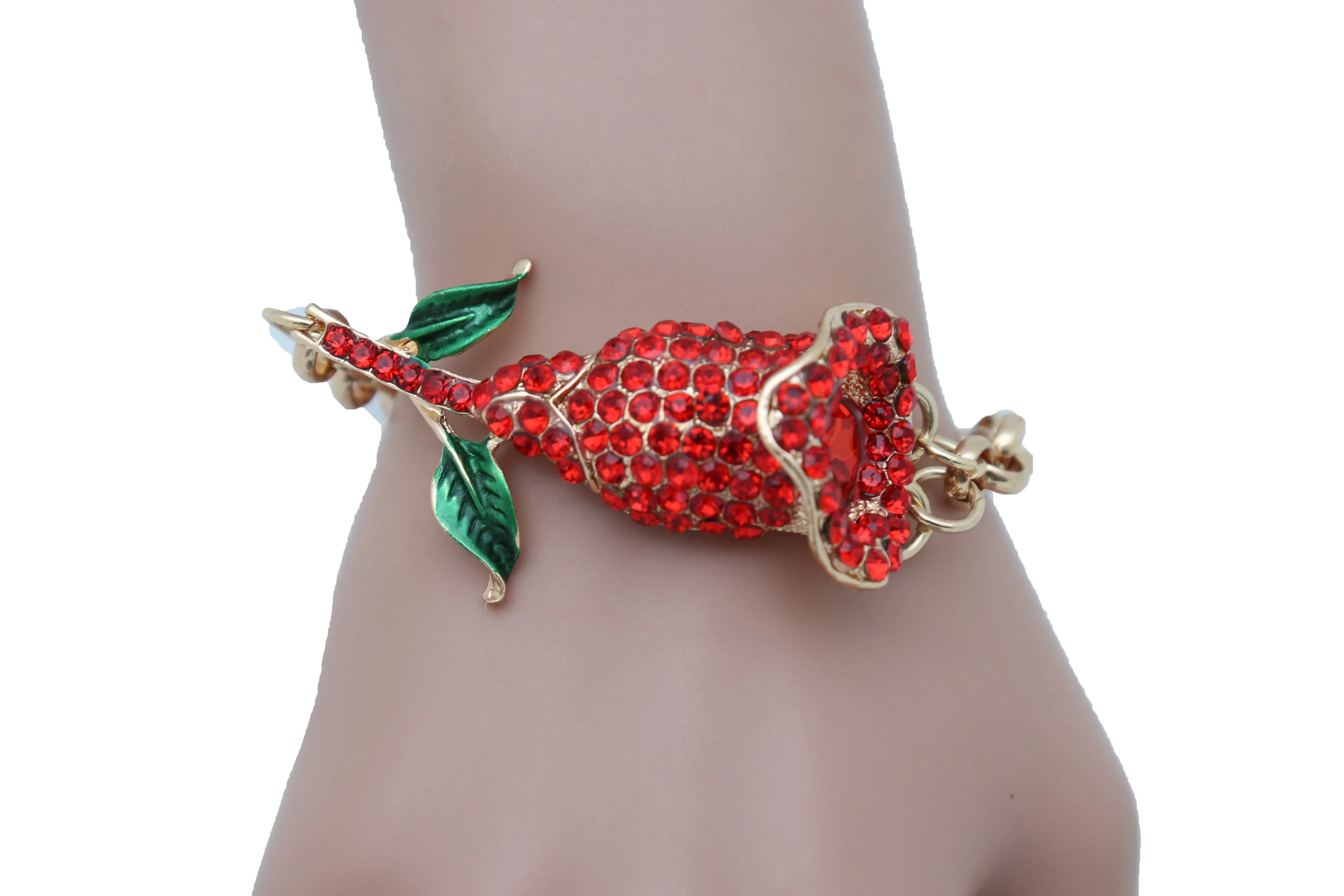 Fancy Bracelet Fashion Gold Metal Chain Elegant Evening Red Flower Charm