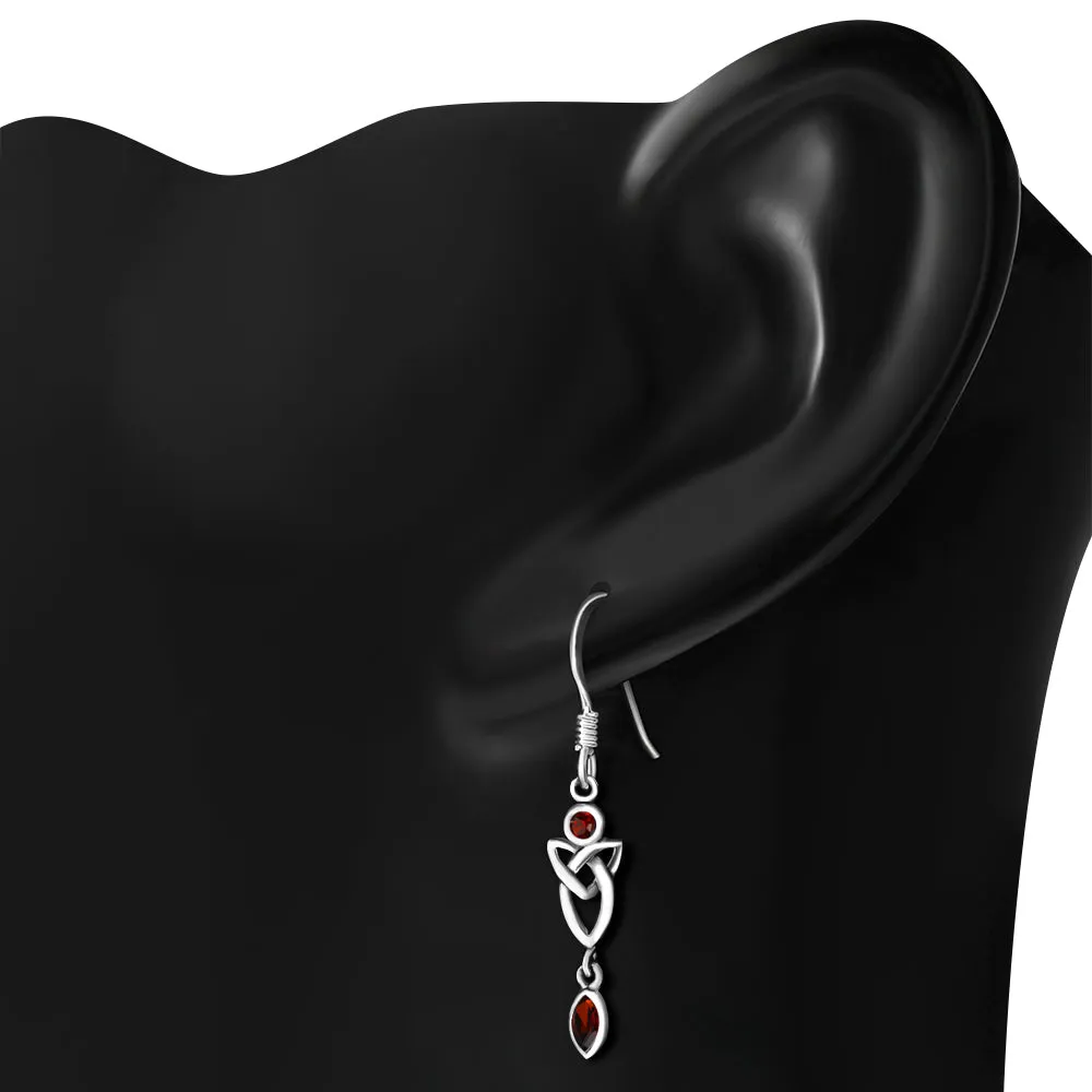 Garnet CZ Long Trinity Knot Dangling Silver Earrings