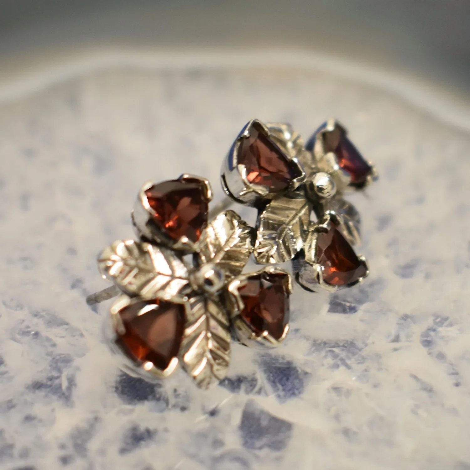 Garnet Floral Studs (925) Sterling Silver