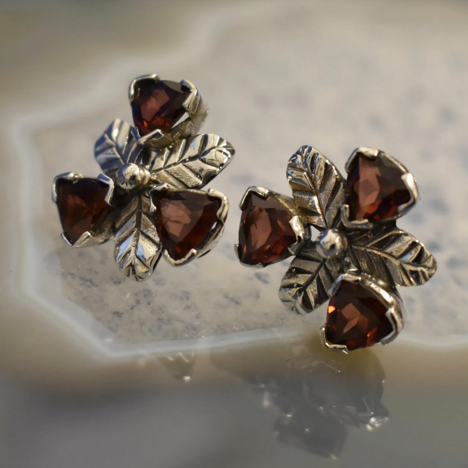 Garnet Floral Studs (925) Sterling Silver