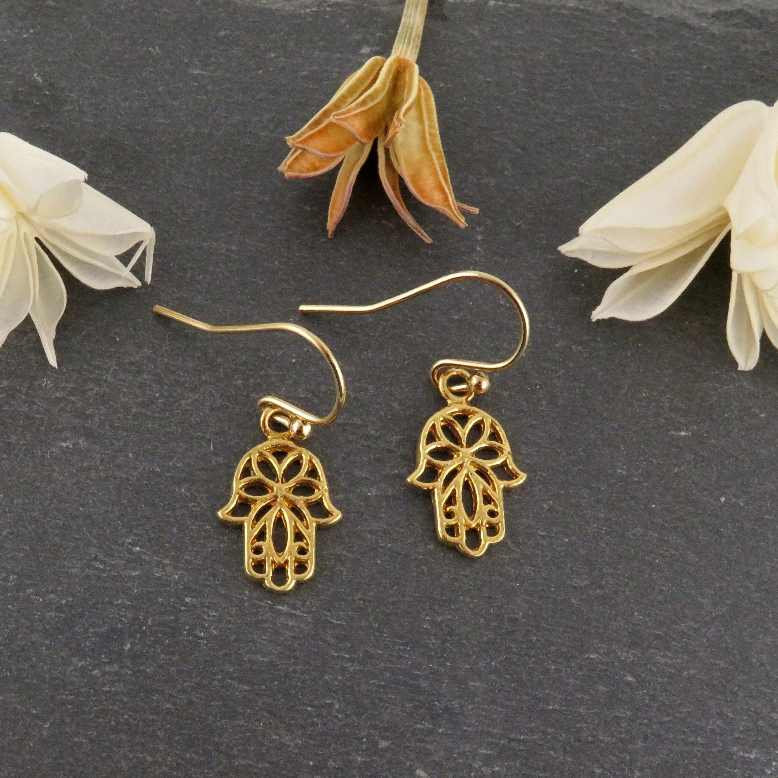 Gold Floral Hamsa Earrings