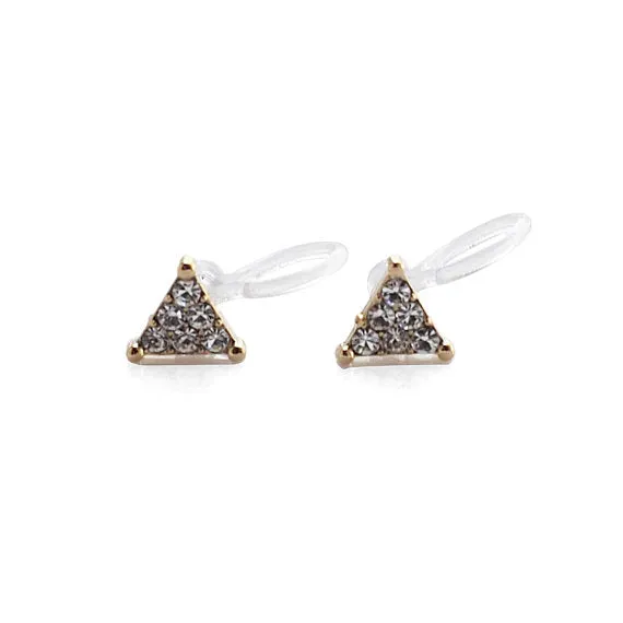 Gold Triangle Pave Rhinestone Invisible Clip On Stud Earrings