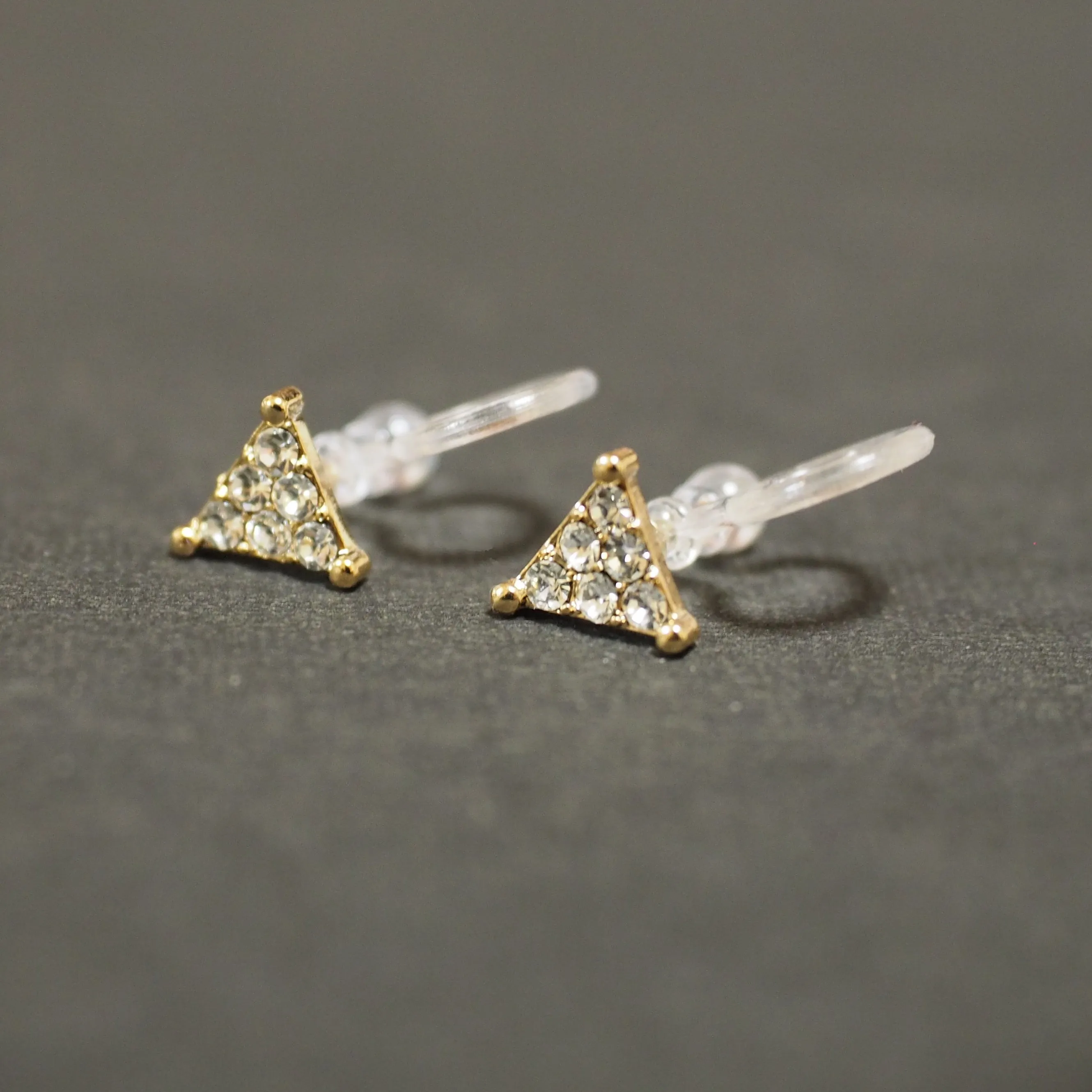 Gold Triangle Pave Rhinestone Invisible Clip On Stud Earrings