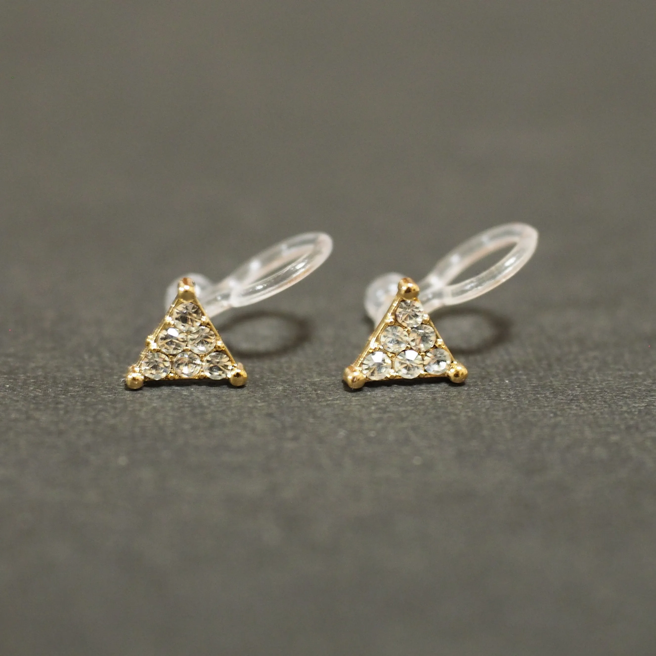 Gold Triangle Pave Rhinestone Invisible Clip On Stud Earrings