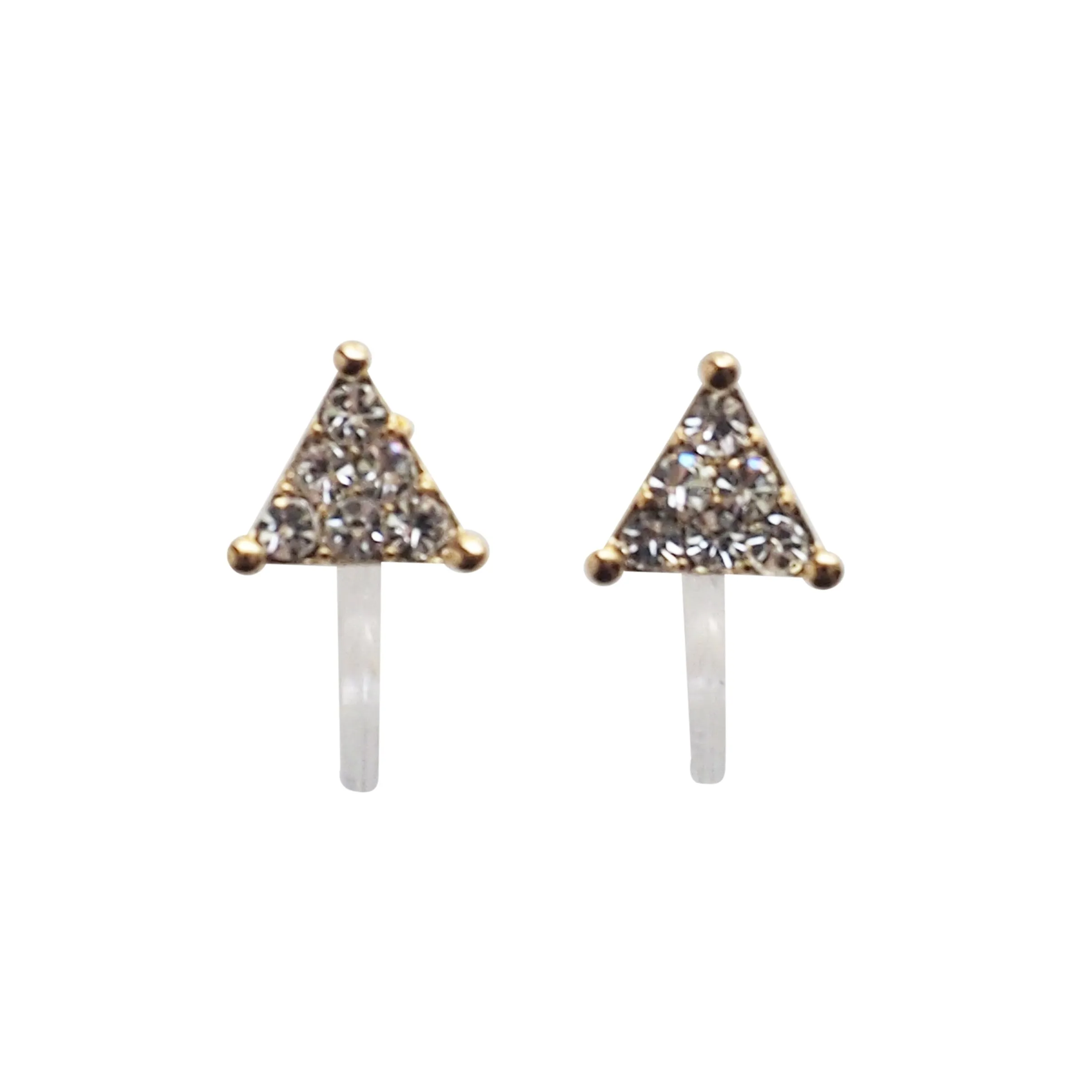 Gold Triangle Pave Rhinestone Invisible Clip On Stud Earrings