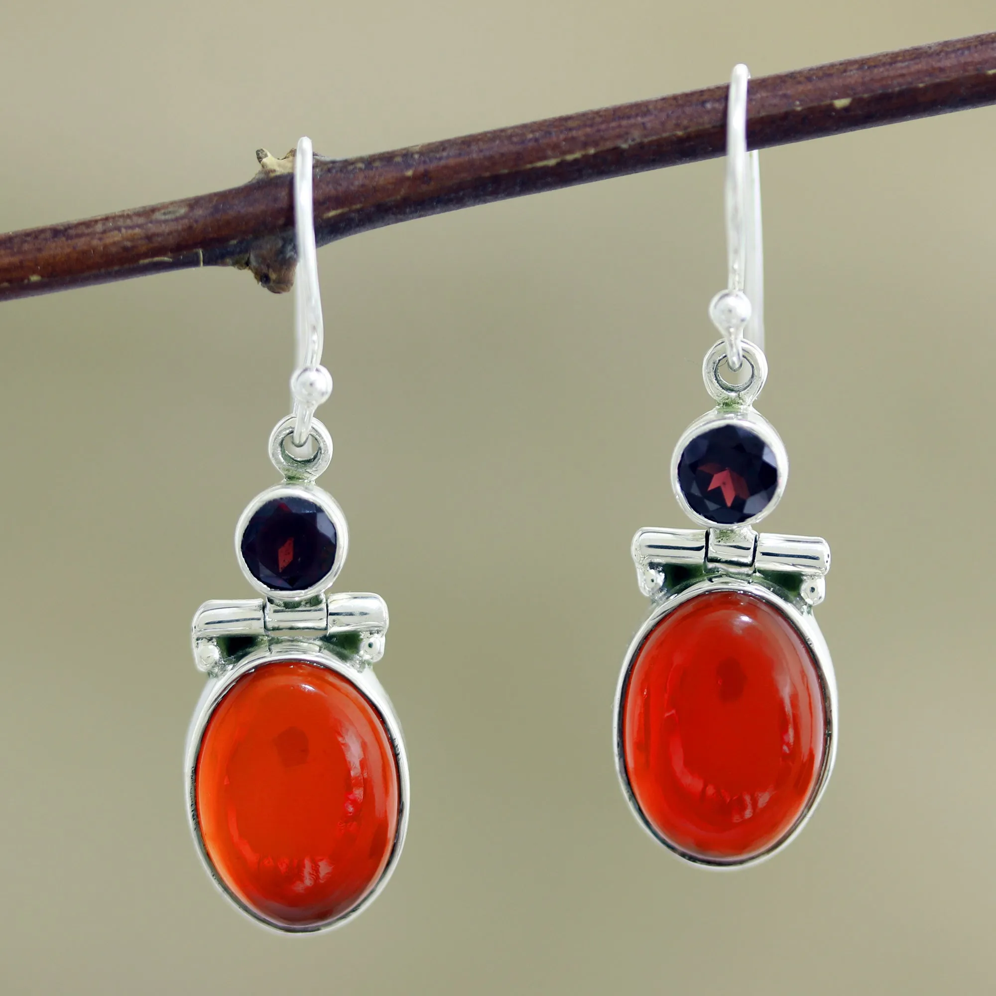 Hand Crafted Garnet and Carnelian Gemstone Dangle Earrings - Charming Union | NOVICA