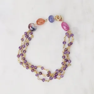 Hand Tied 3 Strand Amethyst Gold Filled Bead Chain Magnetic Bracelet