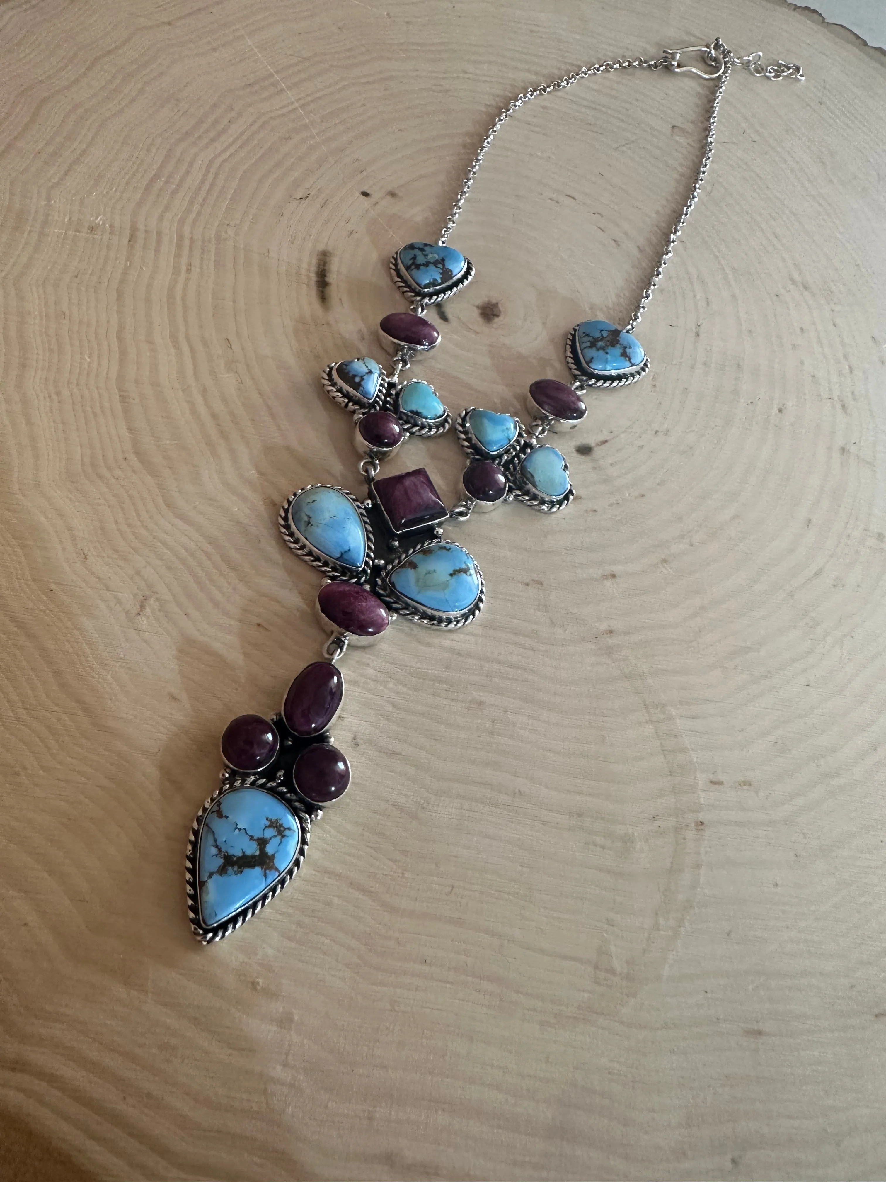 Handmade Sterling Silver, Golden Hills Turquoise, Purple Spiny Heart Necklace Signed Nizhoni