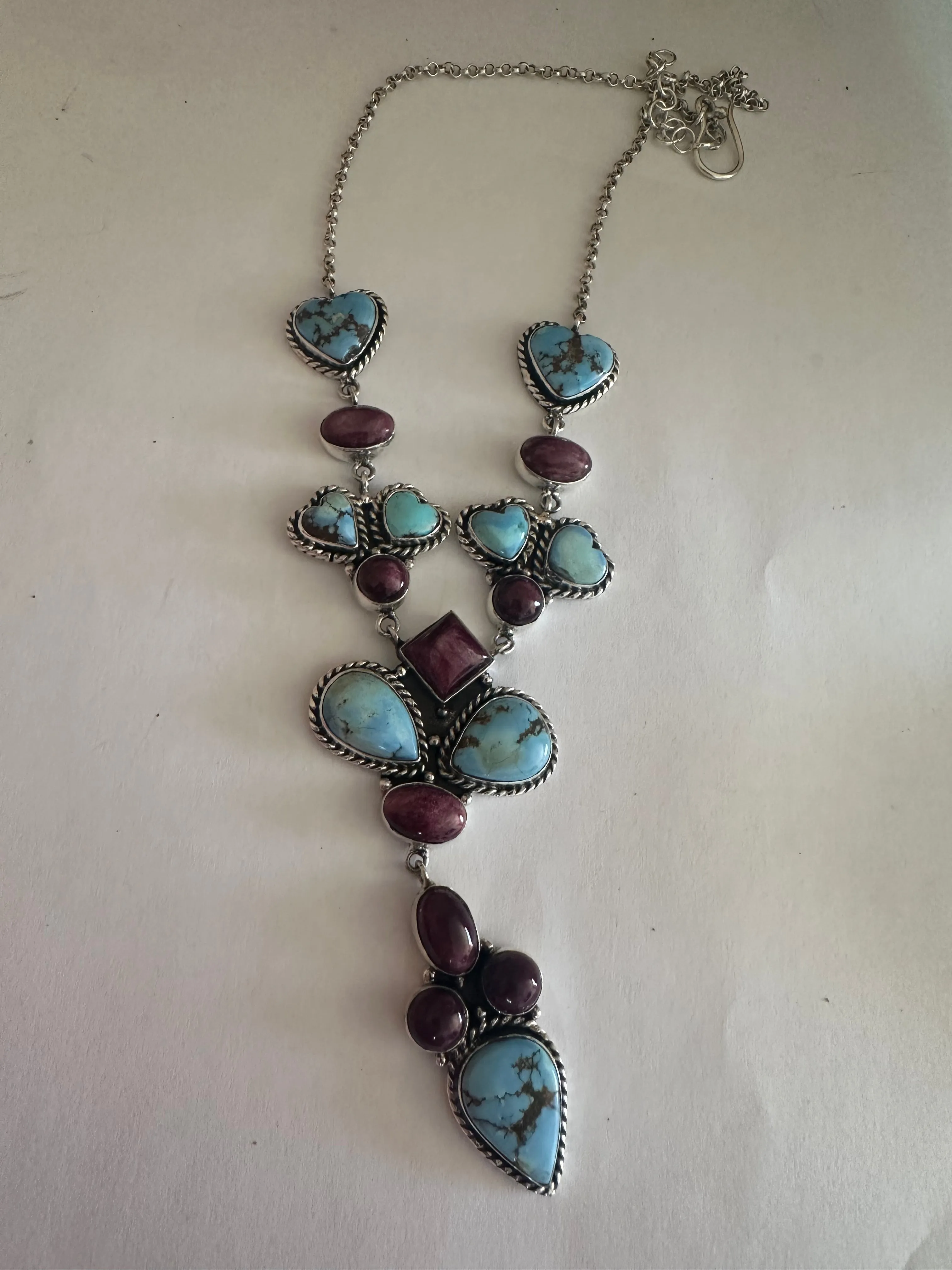 Handmade Sterling Silver, Golden Hills Turquoise, Purple Spiny Heart Necklace Signed Nizhoni