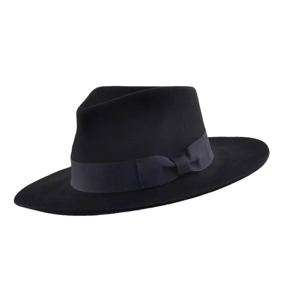 Handmade Wide Snap Brim 100% Wool Black Fedora